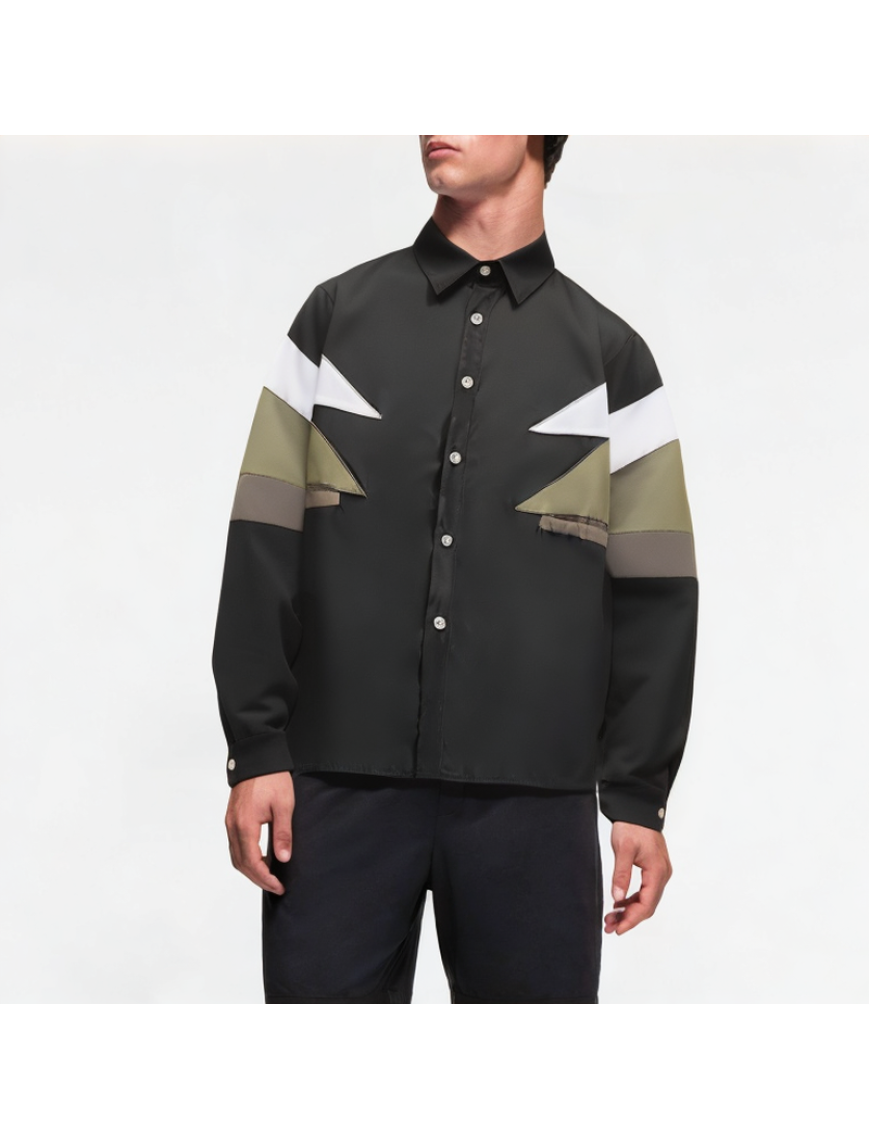 Retro Patchwork Contrast Color Long Sleeve Shirt