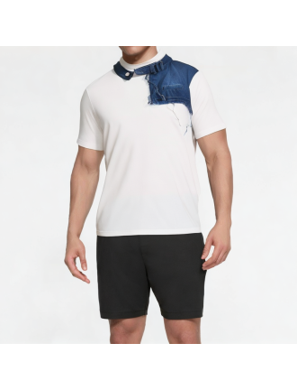 Denim Patchwork Drop Shoulder Short Sleeves Denim Patchwork Drop Shoulder Short Sleeves