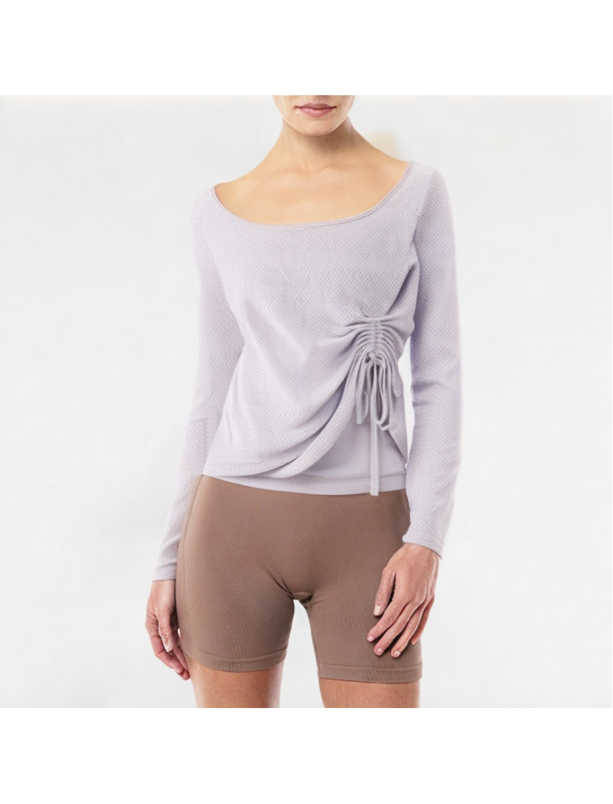 Solid Color U-Neck Pleated Long Sleeve