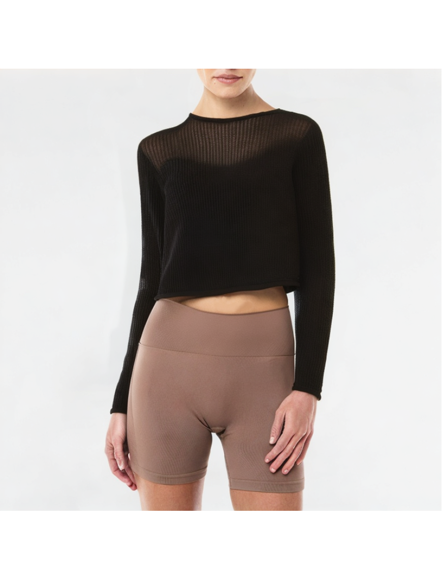 Short Hollow Knitted Long-Sleeved Top