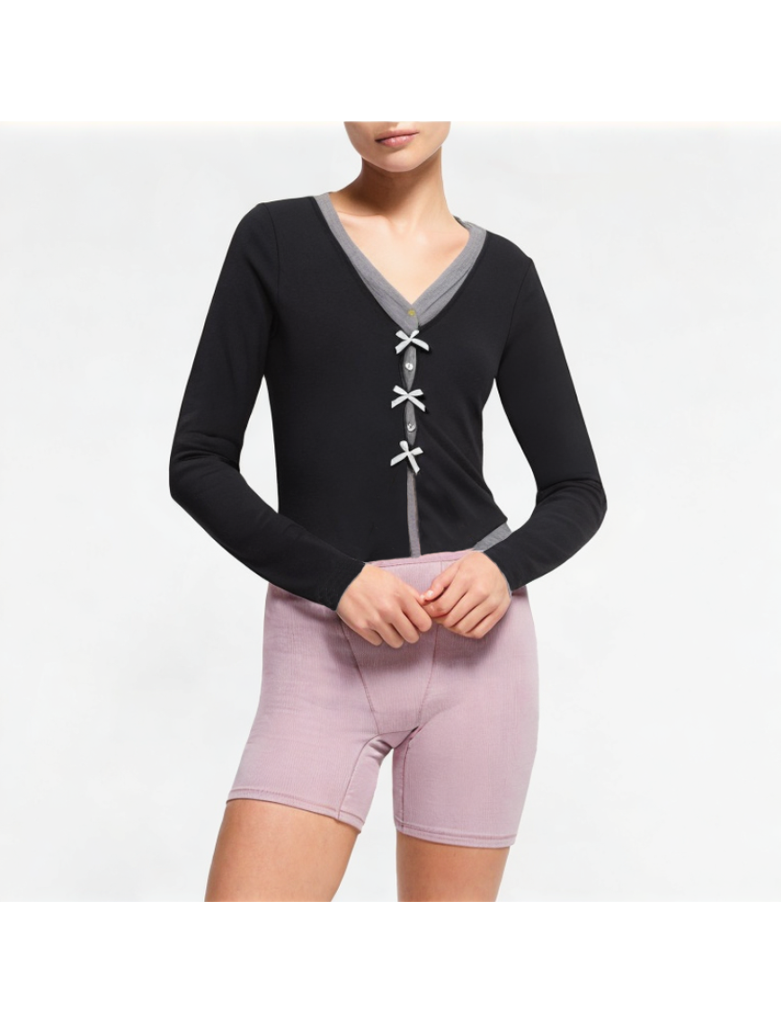 False Two-Piece Splicing V-Neck Long Sleeve