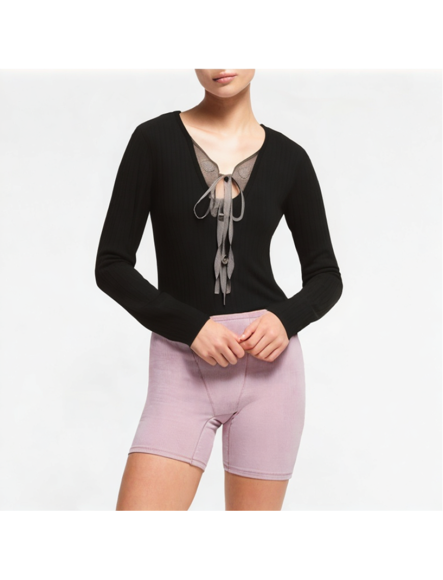 Contrast Color Tie Fake Two-Piece Long Sleeves