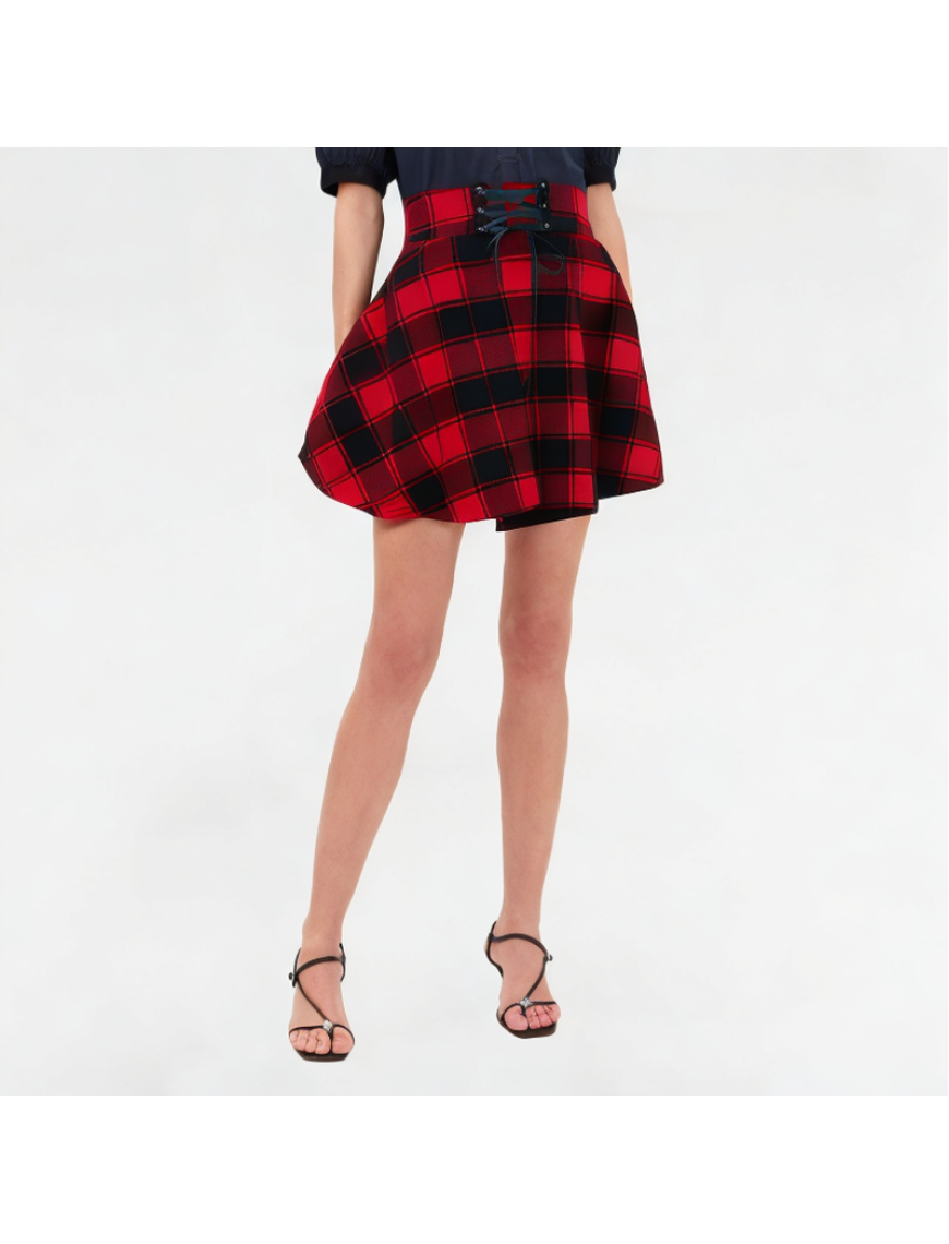 Fashionable Grid Pattern Lace-up Skirt