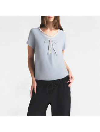 Contrasting Color Doll Collar Bow Short Sleeves Contrasting Color Doll Collar Bow Short Sleeves
