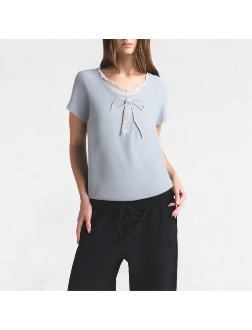 Contrasting Color Doll Collar Bow Short Sleeves