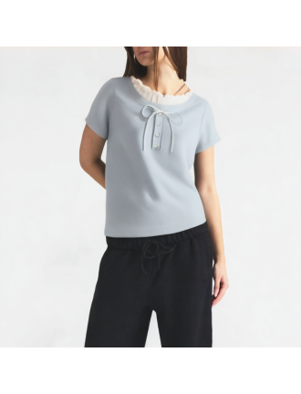 Contrasting Color Doll Collar Bow Short Sleeves Contrasting Color Doll Collar Bow Short Sleeves