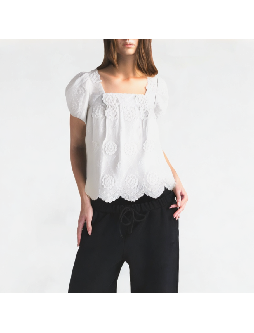 Three-Dimensional Flower Square Neck Short Sleeves