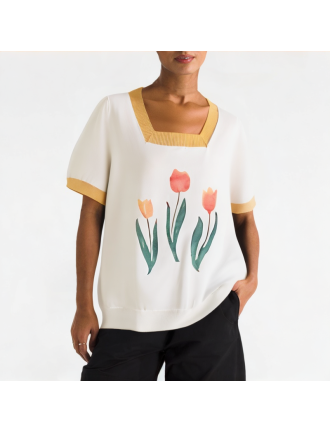 Contrast Color Square Collar Short Sleeves Contrast Color Square Collar Short Sleeves