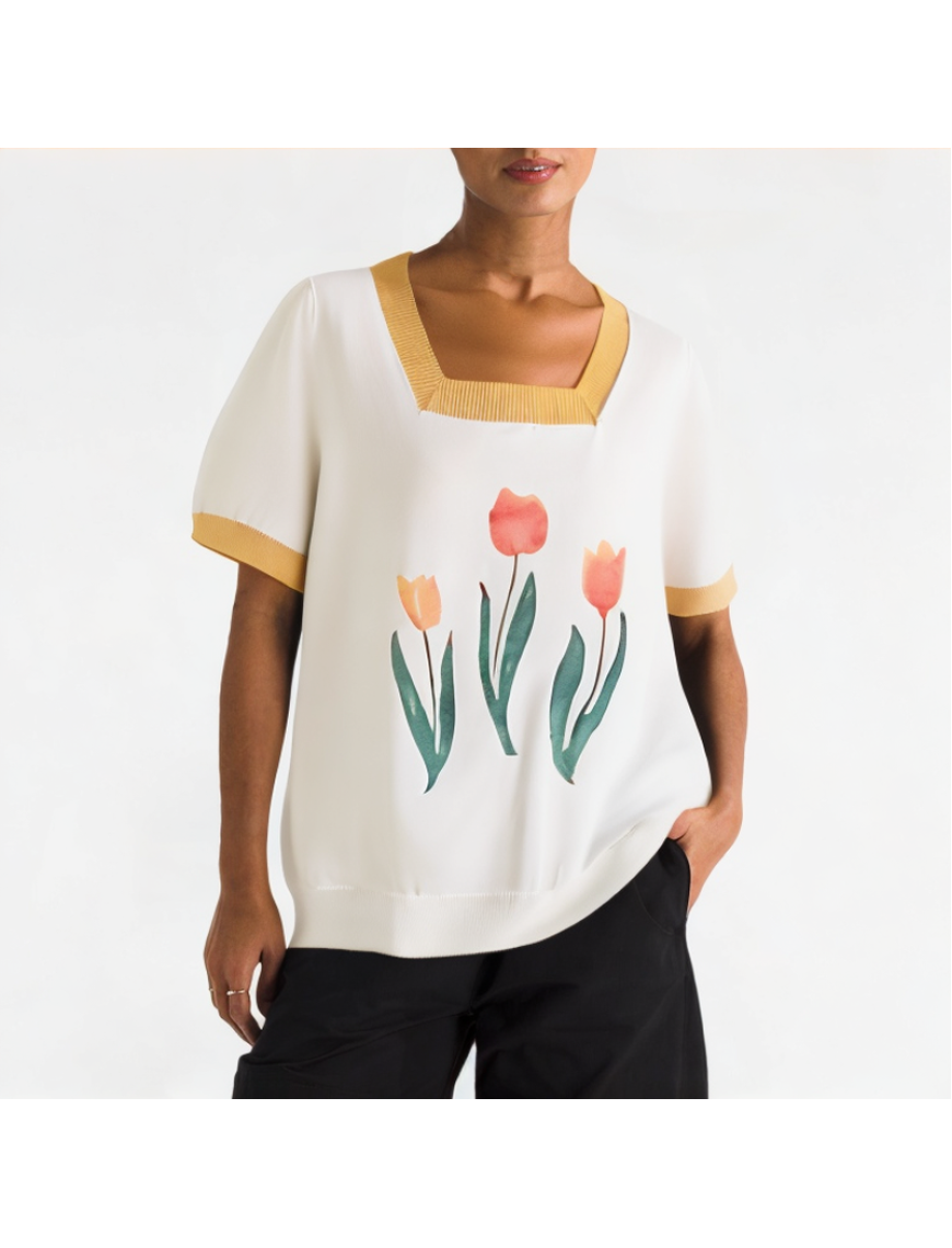 Contrast Color Square Collar Short Sleeves