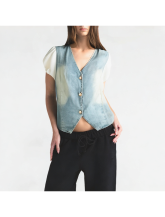 Puff Sleeve V-Neck Denim Short-Sleeve Puff Sleeve V-Neck Denim Short-Sleeve