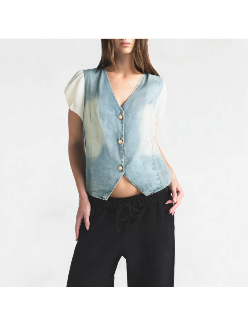 Puff Sleeve V-Neck Denim Short-Sleeve