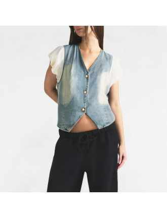 Puff Sleeve V-Neck Denim Short-Sleeve Puff Sleeve V-Neck Denim Short-Sleeve